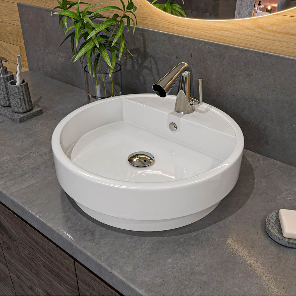 Alfi Trade ALFI brand ABC702 White 19'' Round Semi Recessed Ceramic Sink with Faucet Hole