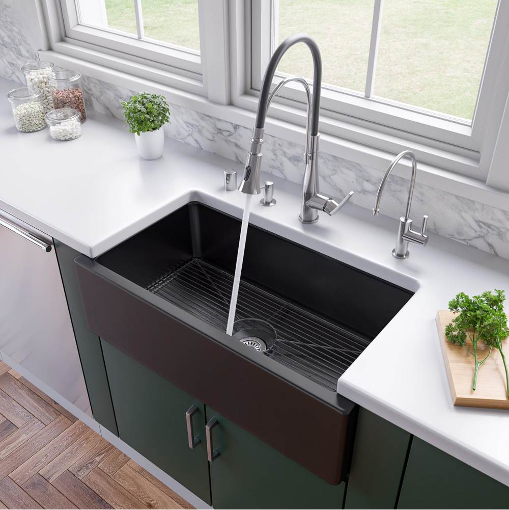 Alfi Trade Black Gloss 33'' x 18'' Reversible Fluted / Smooth Fireclay Farm Sink
