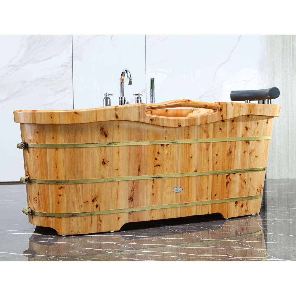 Alfi Trade 61'' Free Standing Cedar Wooden Bathtub with Chrome Tub Filler