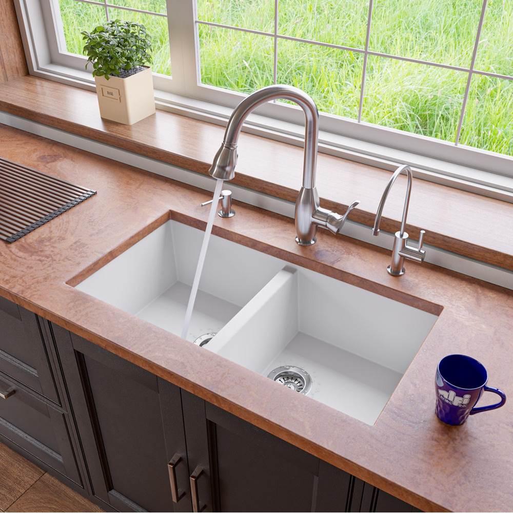 Alfi Trade White 34'' Undermount Double Bowl Granite Composite Kitchen Sink
