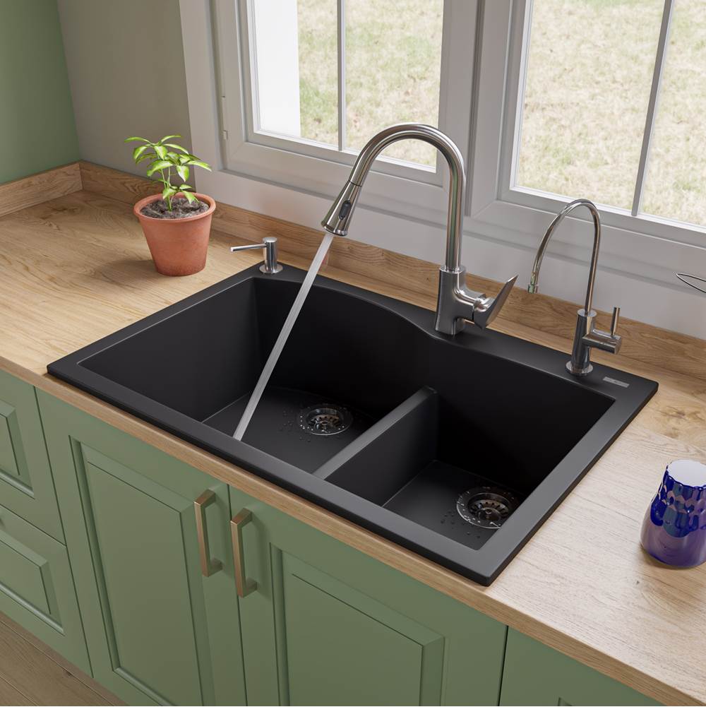Alfi Trade Black 33'' Double Bowl Drop In Granite Composite Kitchen Sink