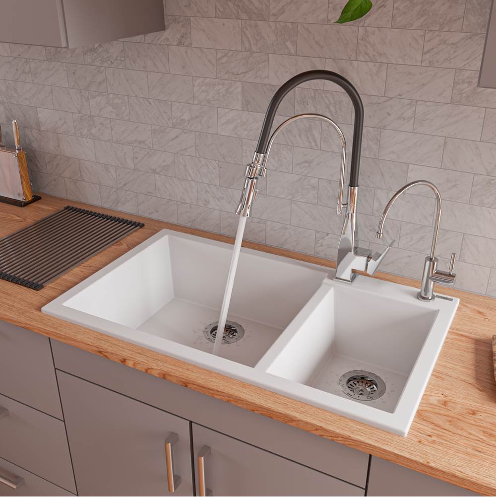 Alfi Trade White 34'' Double Bowl Drop In Granite Composite Kitchen Sink