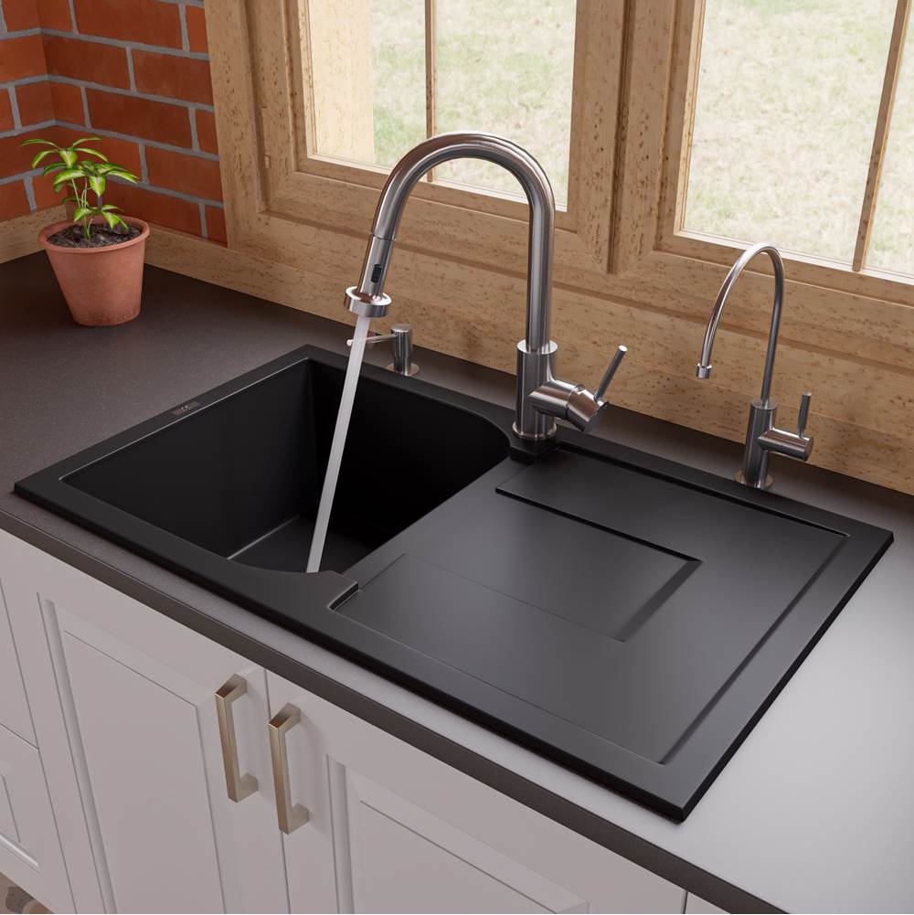 Alfi Trade Black 34'' Single Bowl Granite Composite Kitchen Sink with Drainboard
