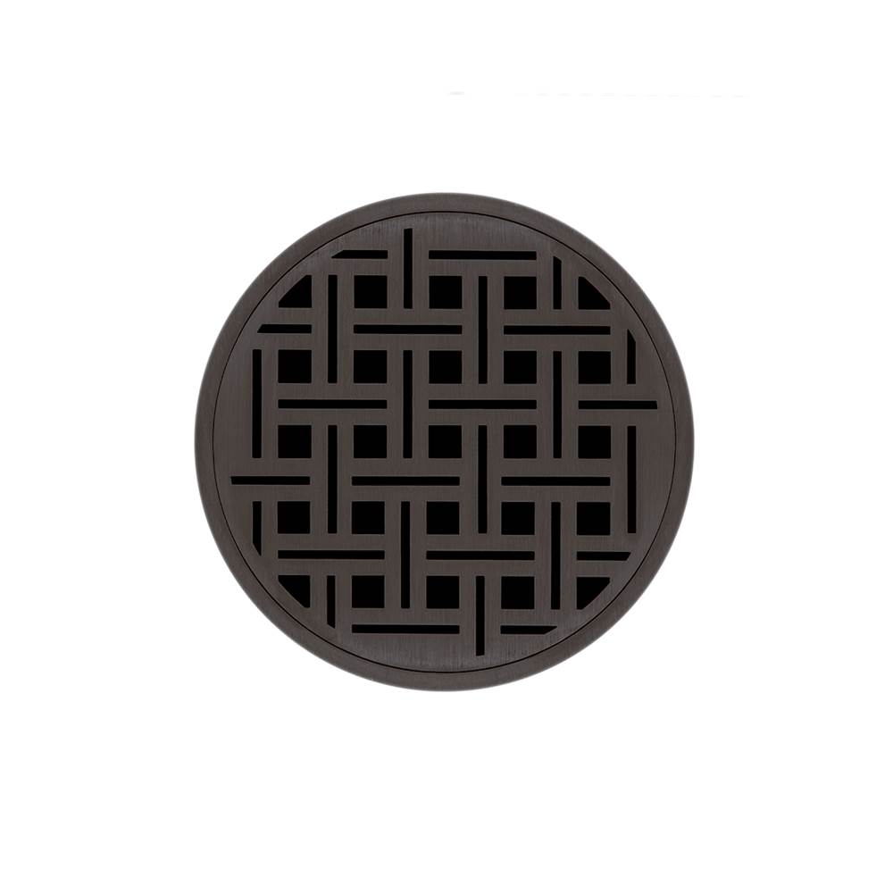 Infinity Drain 5'' Round RVDB 5 Complete Kit with Weave Pattern Decorative Plate in Oil Rubbed Bronze with PVC Bonded Flange Drain Body, 2'', 3'' and 4'' Outlet