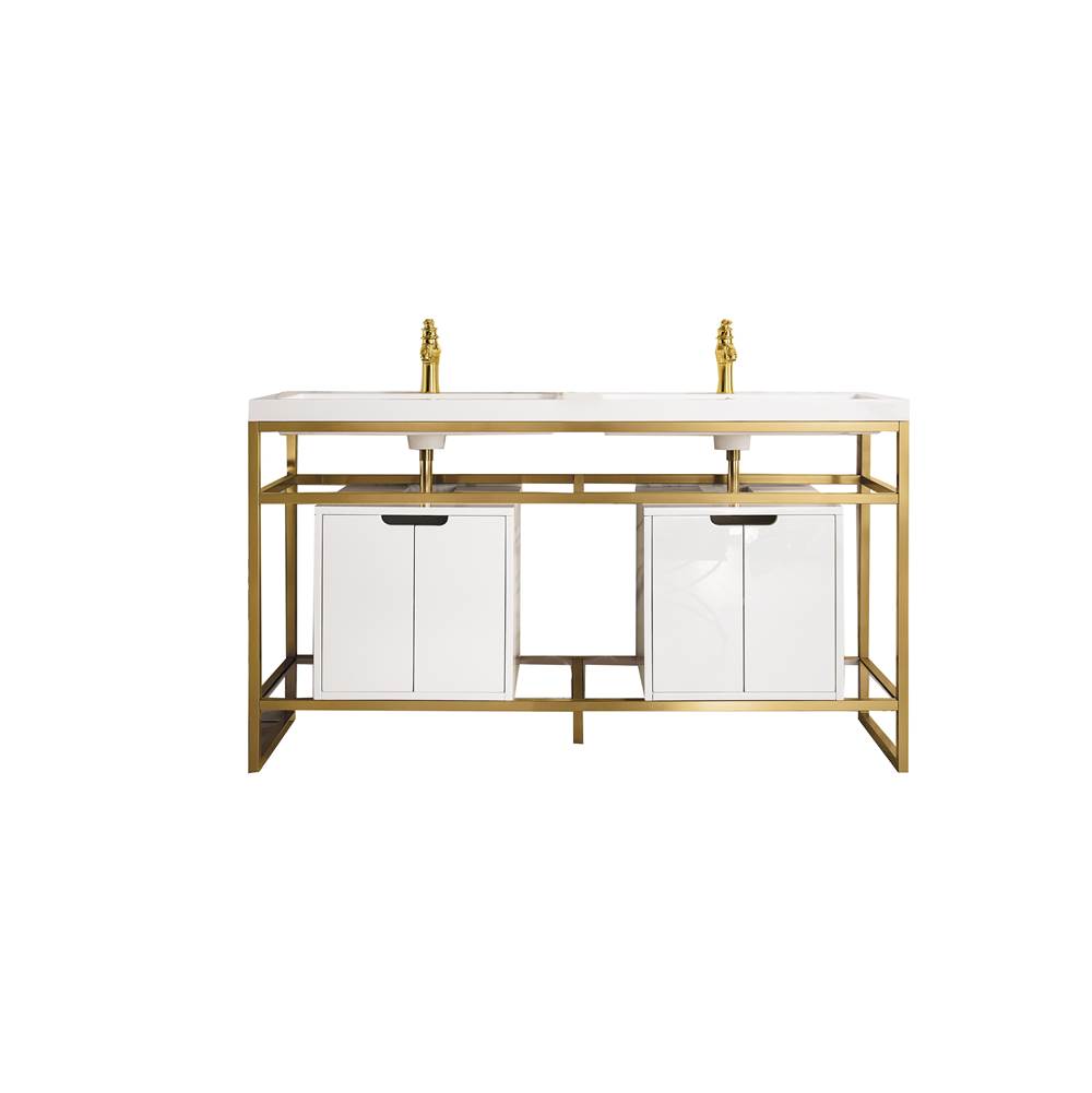 James Martin Vanities Boston 63'' Stainless Steel Sink Console (Double Basins), Radiant Gold w/ Glossy White Storage Cabinet, White Glossy Composite Countertop