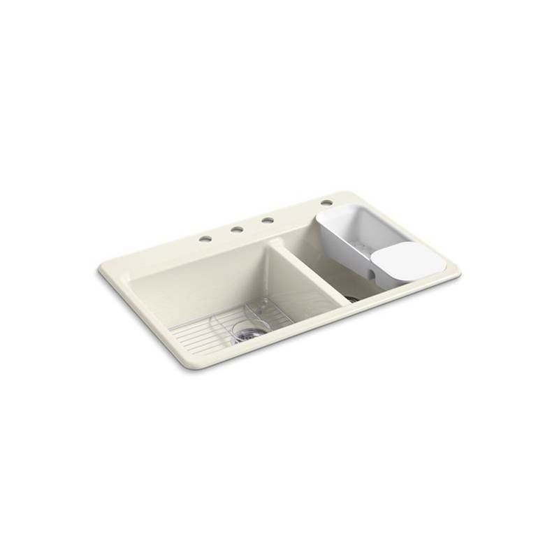 Kohler Riverby® 33'' x 22'' x 9-5/8'' top-mount large/medium double-bowl workstation kitchen sink with accessories and 4 faucet holes