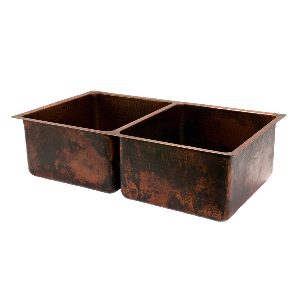 Premier Copper Products 33'' Hammered Copper Kitchen 50/50 Double Basin Sink