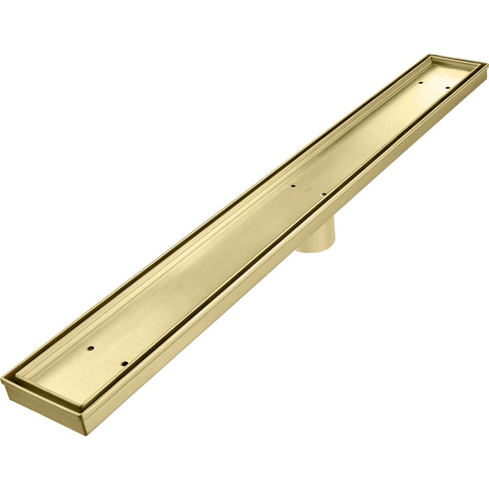 QM Drain Delmar Series. 58'' Standard length Plain Edge linear drain. Mist (Tile-in) Line. Gold