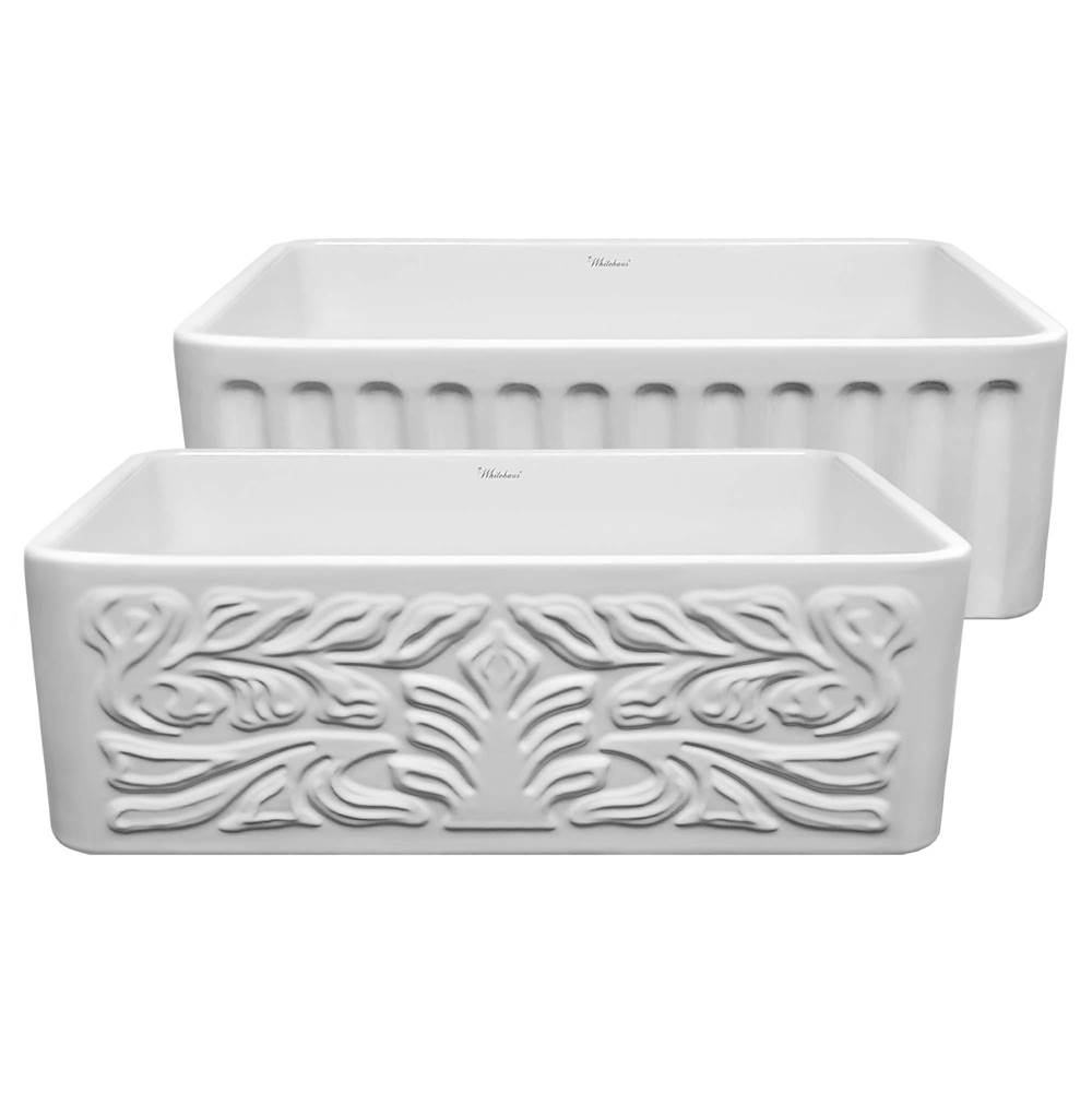 Whitehaus Collection Farmhaus Fireclay Reversible Sink with a Gothichaus Swirl Design Front Apron on One Side, and a Fluted Front Apron on the Opposite Side.