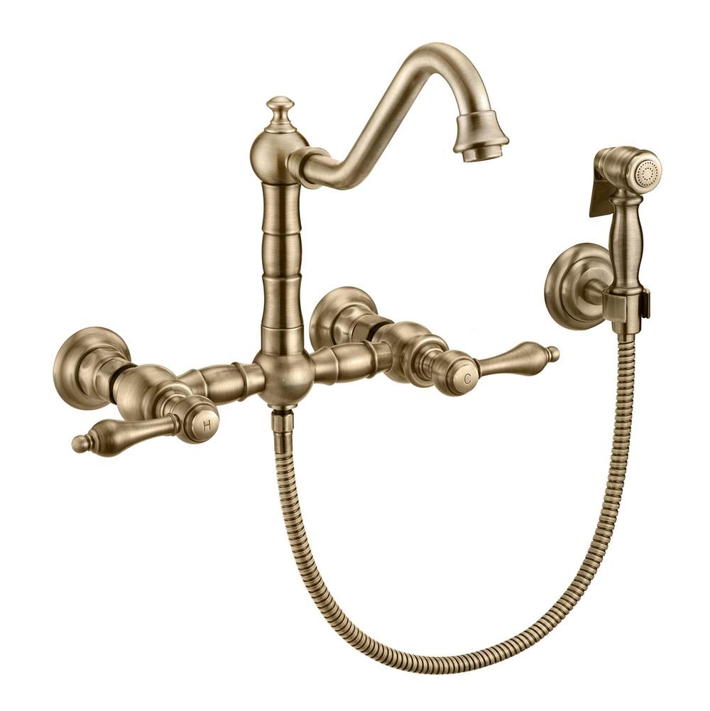 Whitehaus Collection Vintage III Plus Wall Mount Faucet with a  Long Traditional Swivel Spout, Lever Handles and Solid Brass Side Spray