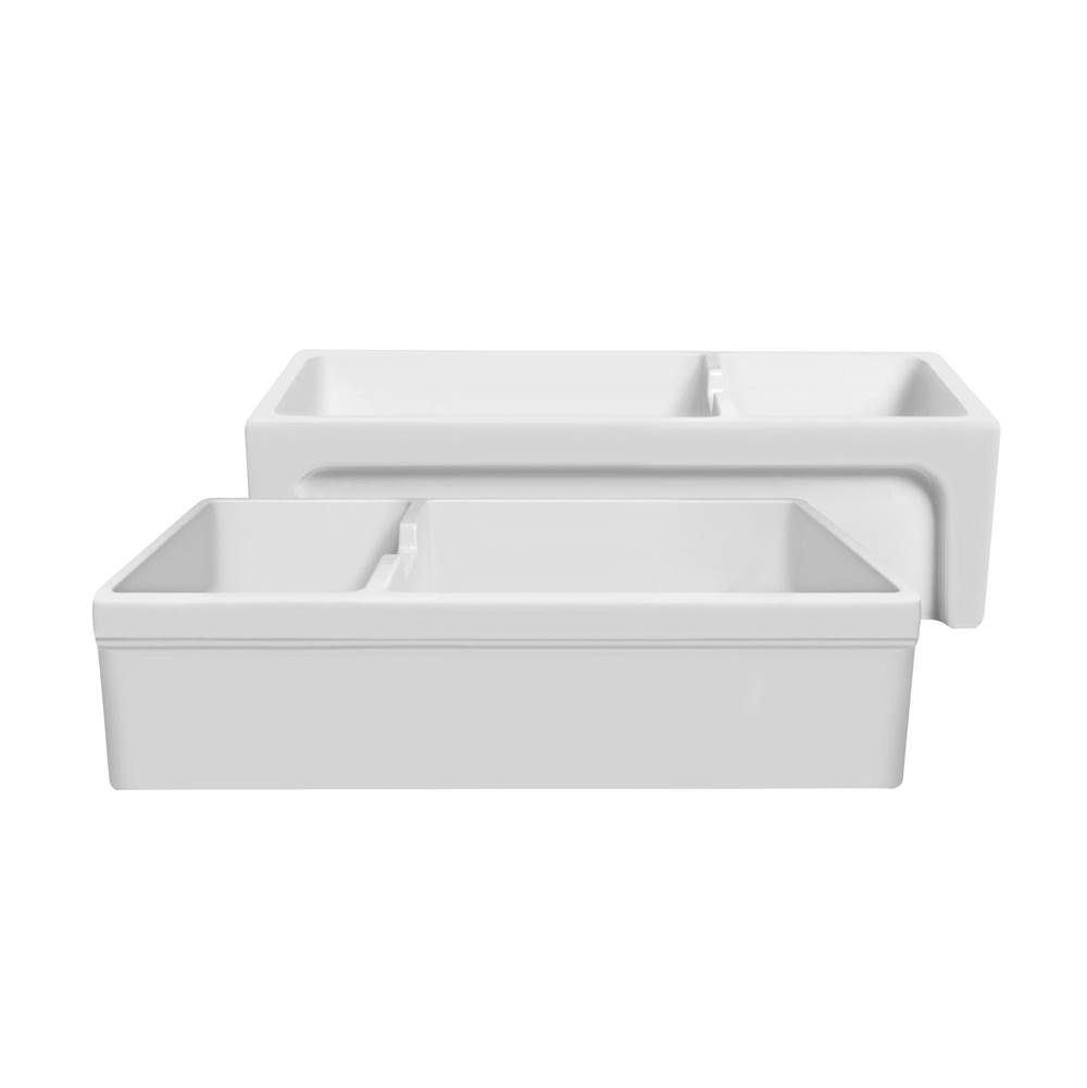 Whitehaus Collection Glencove Fireclay 42'' Large Double Bowl  Reversible Sink with an Elegant Beveled Front Apron on One Side and a Decorative Lip on the Opposite Side