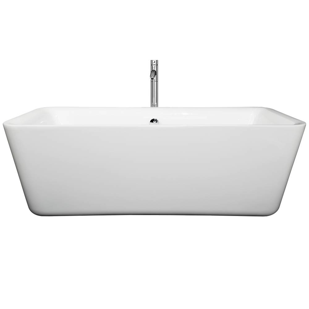 Wyndham Collection Emily 69 Inch Freestanding Bathtub in White with Floor Mounted Faucet, Drain and Overflow Trim in Polished Chrome