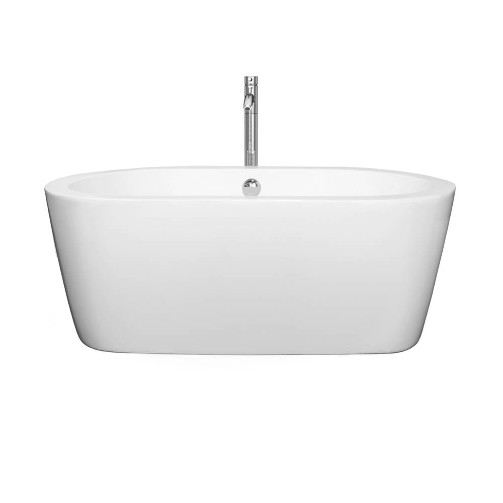 Wyndham Collection Mermaid 60 Inch Freestanding Bathtub in White with Floor Mounted Faucet, Drain and Overflow Trim in Polished Chrome