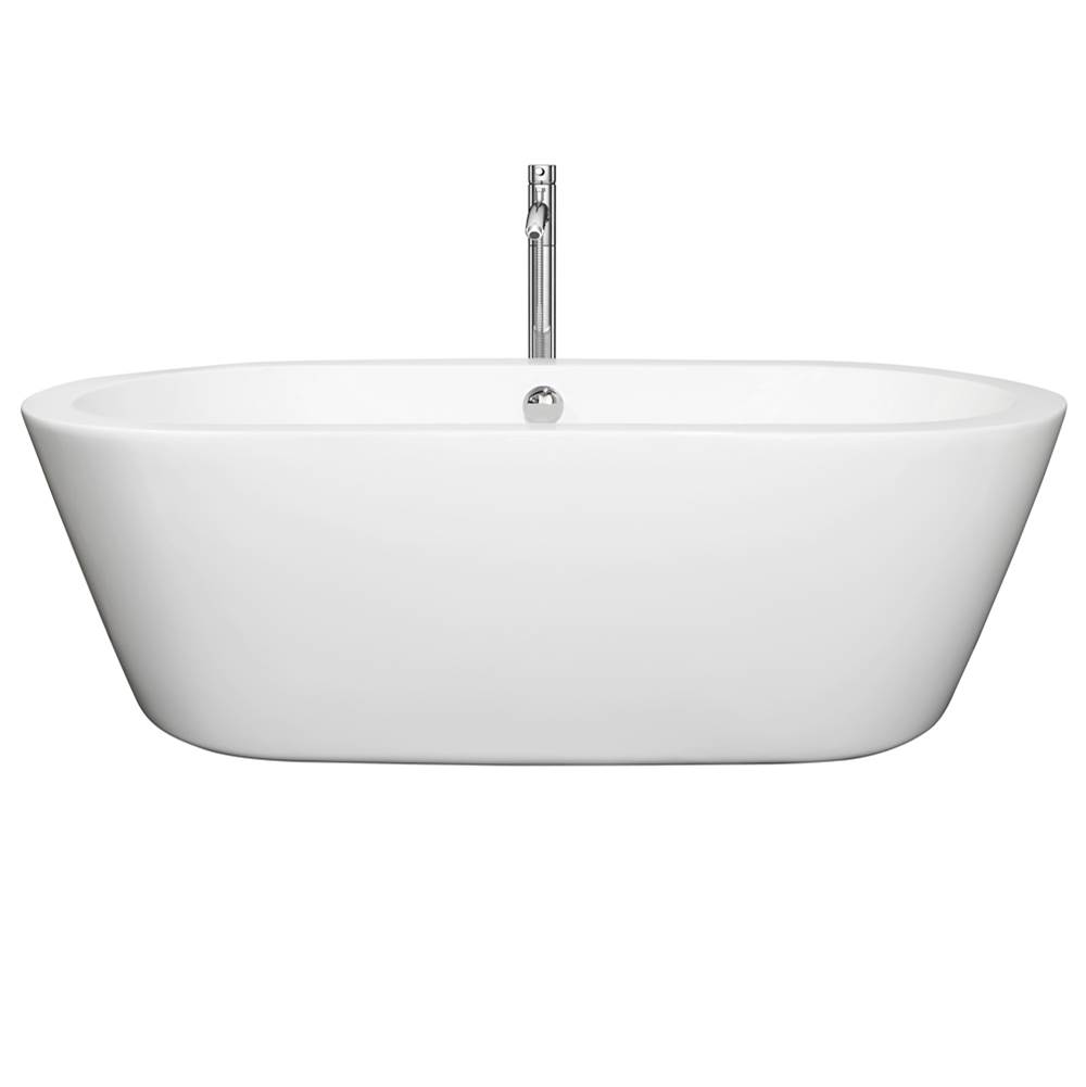 Wyndham Collection Mermaid 71 Inch Freestanding Bathtub in White with Floor Mounted Faucet, Drain and Overflow Trim in Polished Chrome