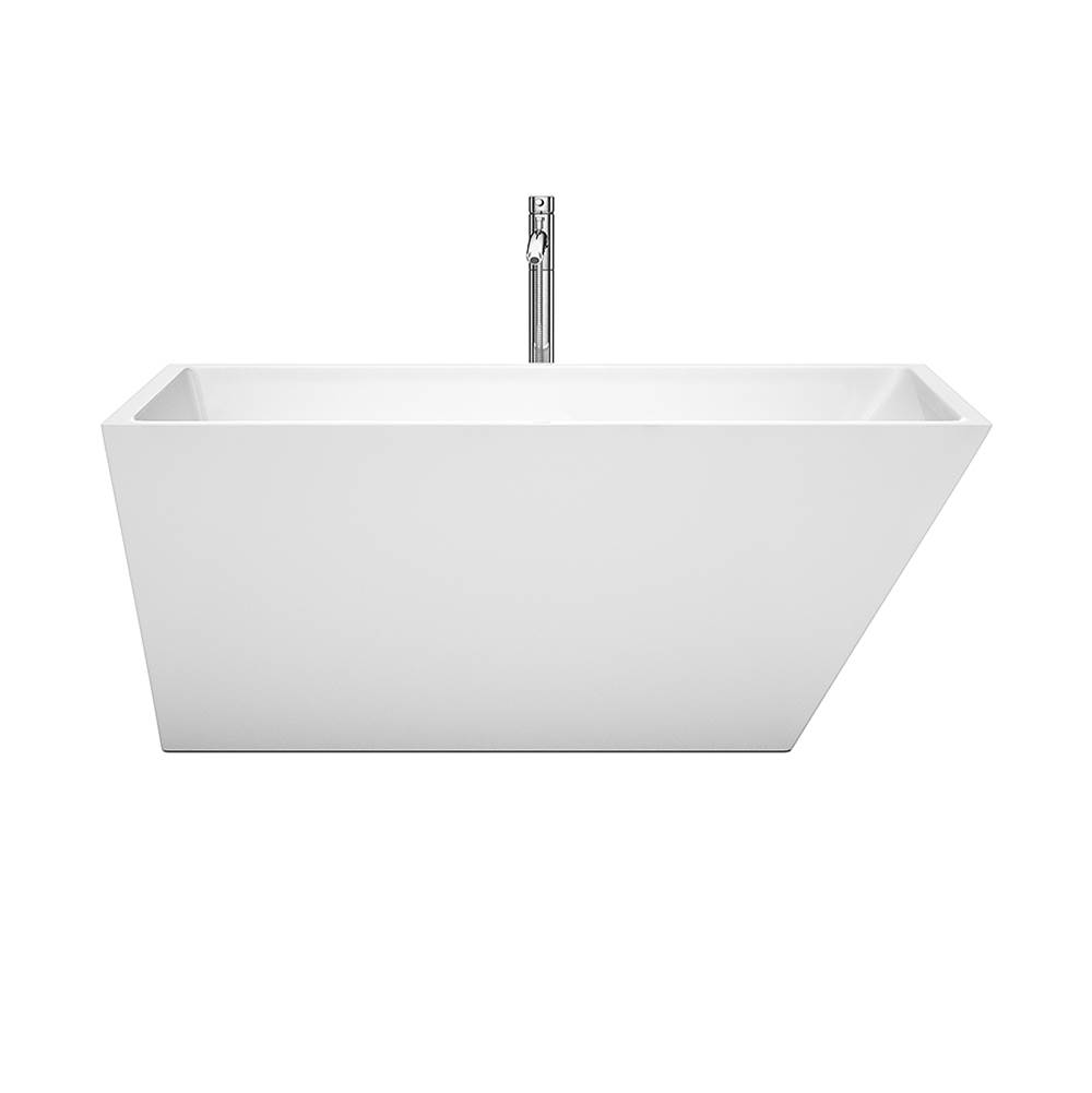 Wyndham Collection Hannah 59 Inch Freestanding Bathtub in White with Floor Mounted Faucet, Drain and Overflow Trim in Polished Chrome