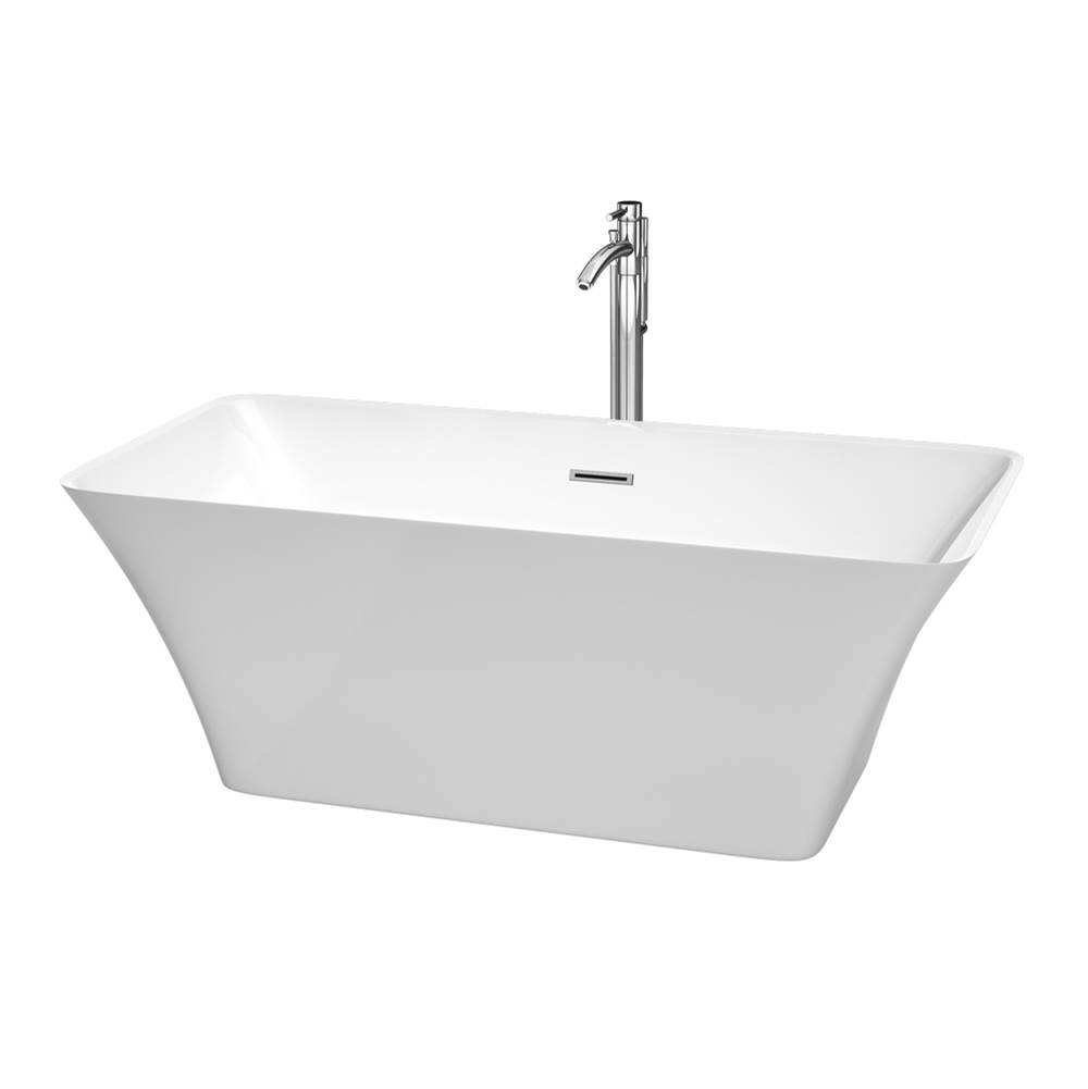 Wyndham Collection Tiffany 59 Inch Freestanding Bathtub in White with Floor Mounted Faucet, Drain and Overflow Trim in Polished Chrome