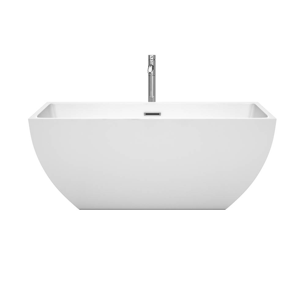 Wyndham Collection Rachel 59 Inch Freestanding Bathtub in White with Floor Mounted Faucet, Drain and Overflow Trim in Polished Chrome
