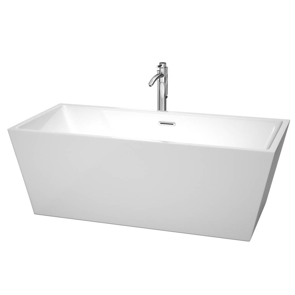 Wyndham Collection Sara 67 Inch Freestanding Bathtub in White with Floor Mounted Faucet, Drain and Overflow Trim in Polished Chrome