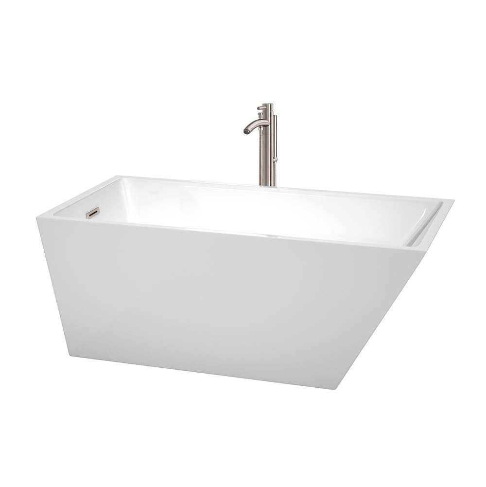 Wyndham Collection Hannah 59 Inch Freestanding Bathtub in White with Floor Mounted Faucet, Drain and Overflow Trim in Brushed Nickel