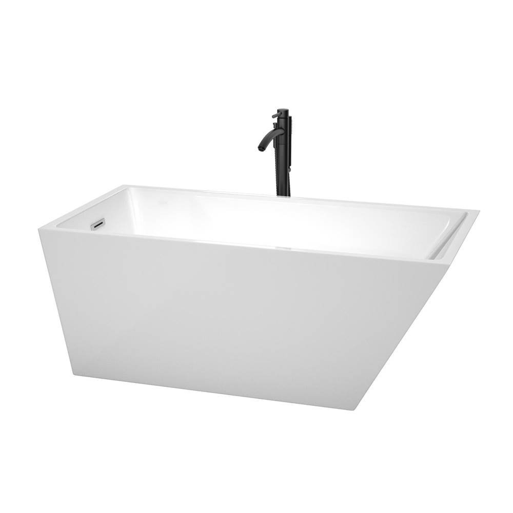 Wyndham Collection Hannah 59 Inch Freestanding Bathtub in White with Polished Chrome Trim and Floor Mounted Faucet in Matte Black