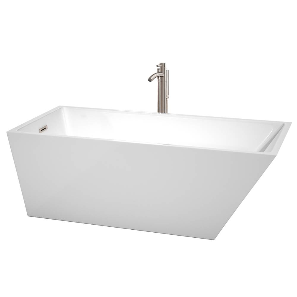 Wyndham Collection Hannah 67 Inch Freestanding Bathtub in White with Floor Mounted Faucet, Drain and Overflow Trim in Brushed Nickel