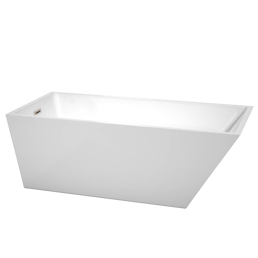 Wyndham Collection Hannah 67 Inch Freestanding Bathtub in White with Brushed Nickel Drain and Overflow Trim