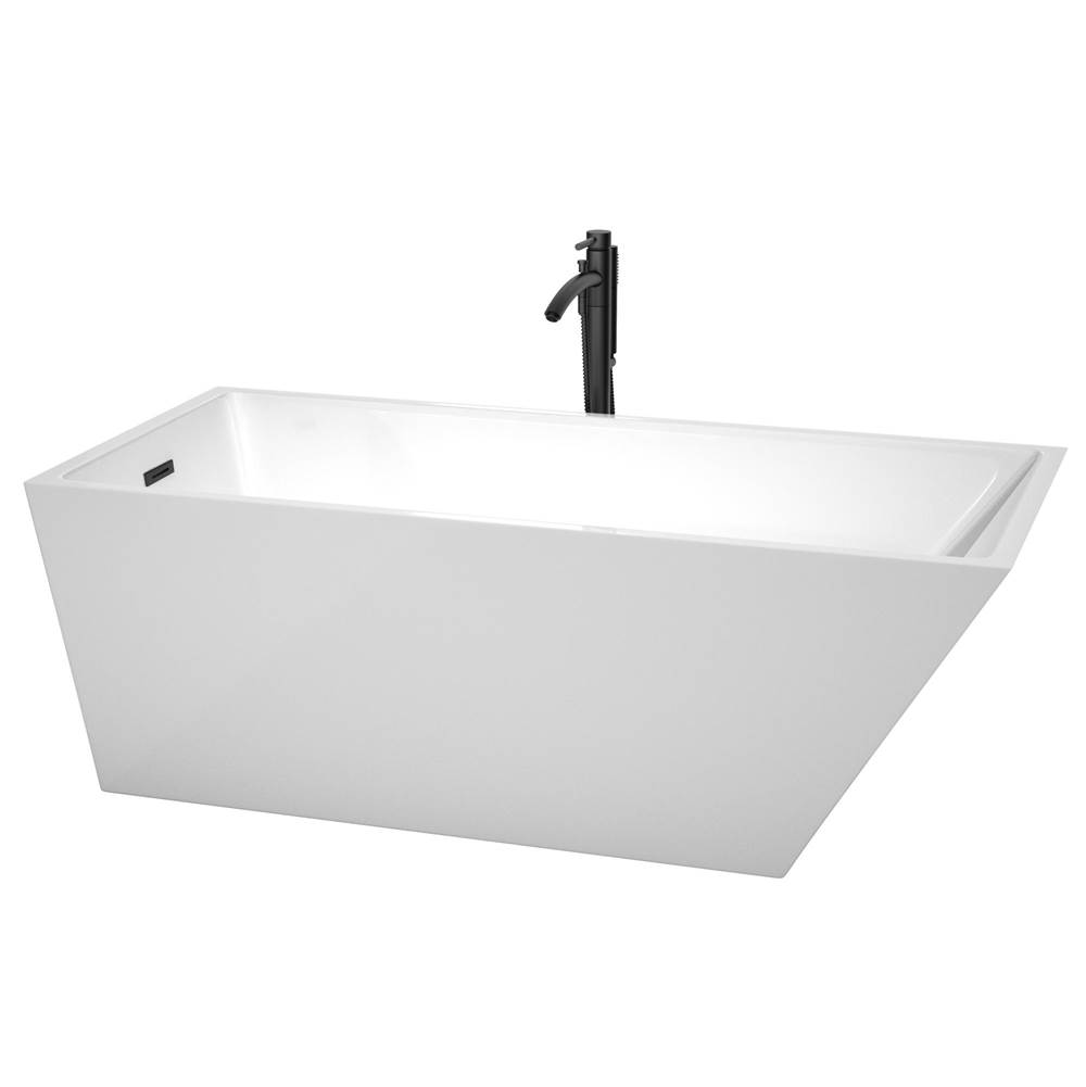 Wyndham Collection Hannah 67 Inch Freestanding Bathtub in White with Floor Mounted Faucet, Drain and Overflow Trim in Matte Black