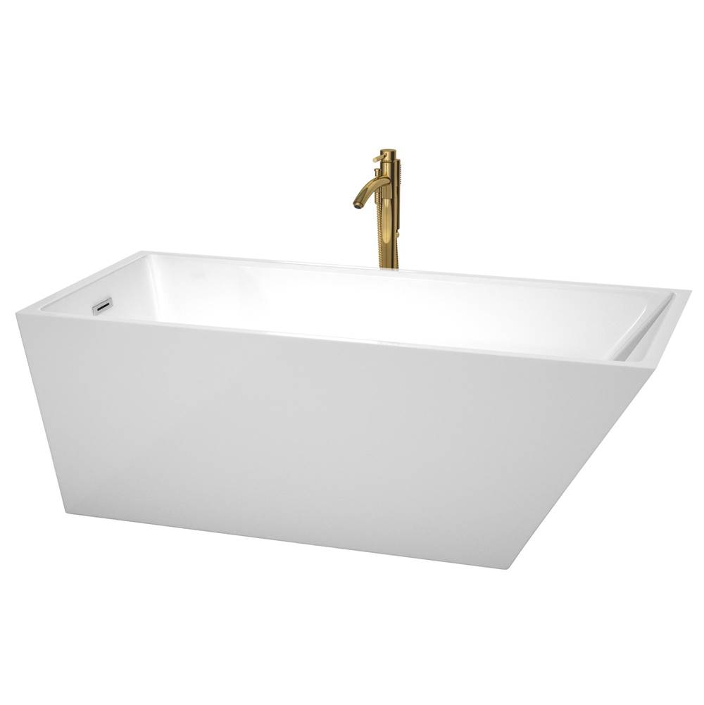 Wyndham Collection Hannah 67 Inch Freestanding Bathtub in White with Polished Chrome Trim and Floor Mounted Faucet in Brushed Gold