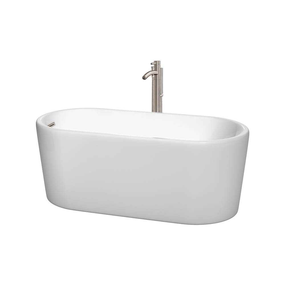 Wyndham Collection Ursula 59 Inch Freestanding Bathtub in White with Floor Mounted Faucet, Drain and Overflow Trim in Brushed Nickel
