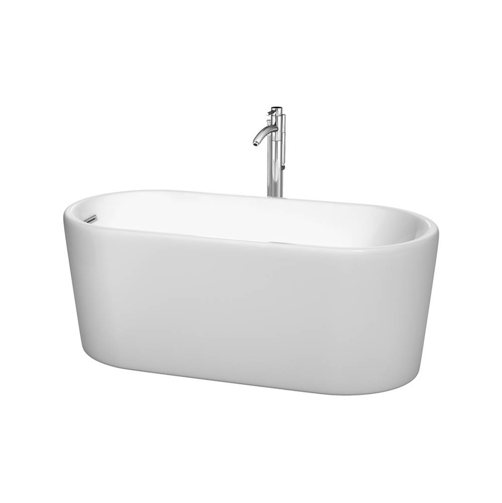 Wyndham Collection Ursula 59 Inch Freestanding Bathtub in White with Floor Mounted Faucet, Drain and Overflow Trim in Polished Chrome