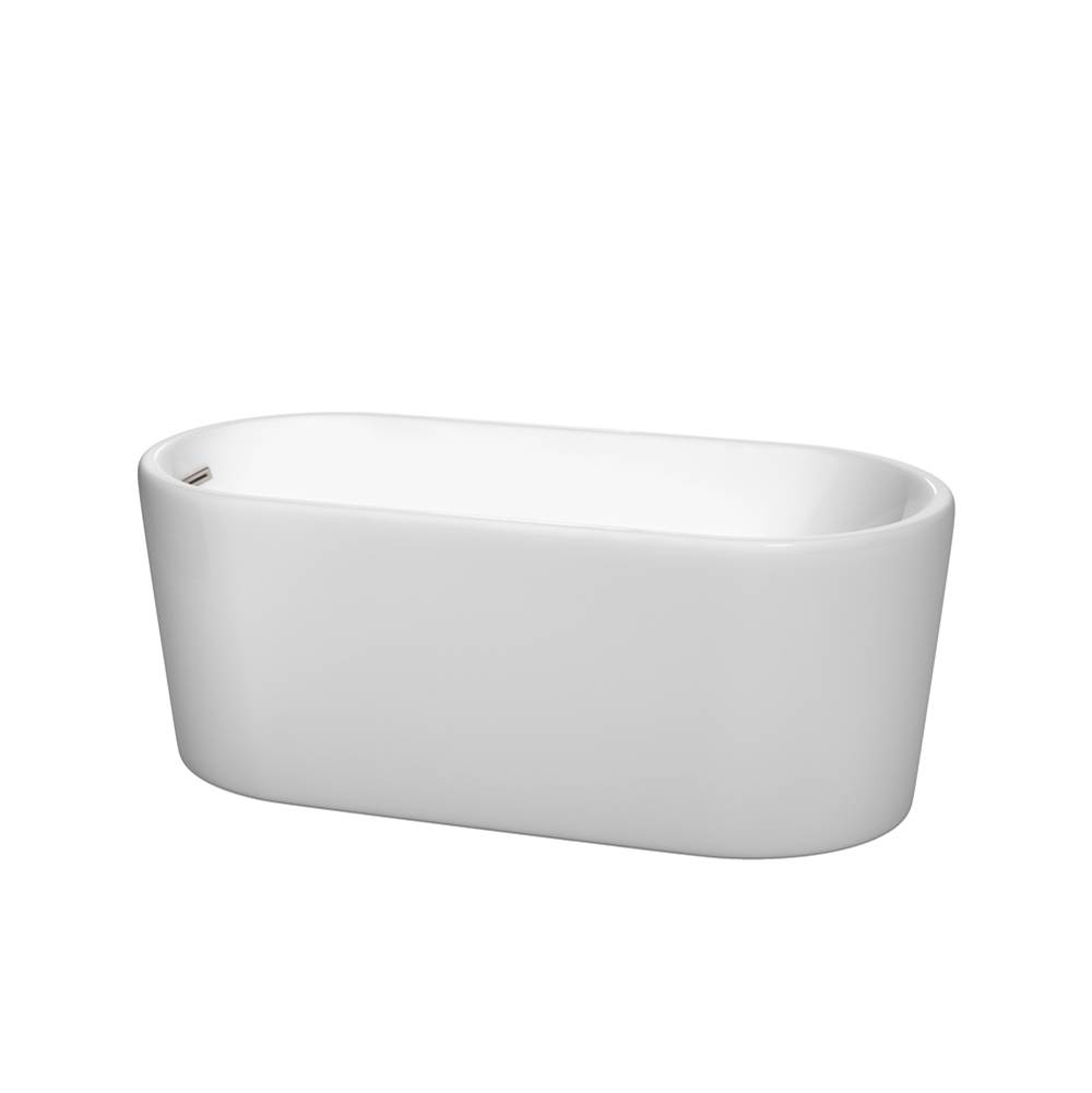 Wyndham Collection Ursula 59 Inch Freestanding Bathtub in White with Brushed Nickel Drain and Overflow Trim