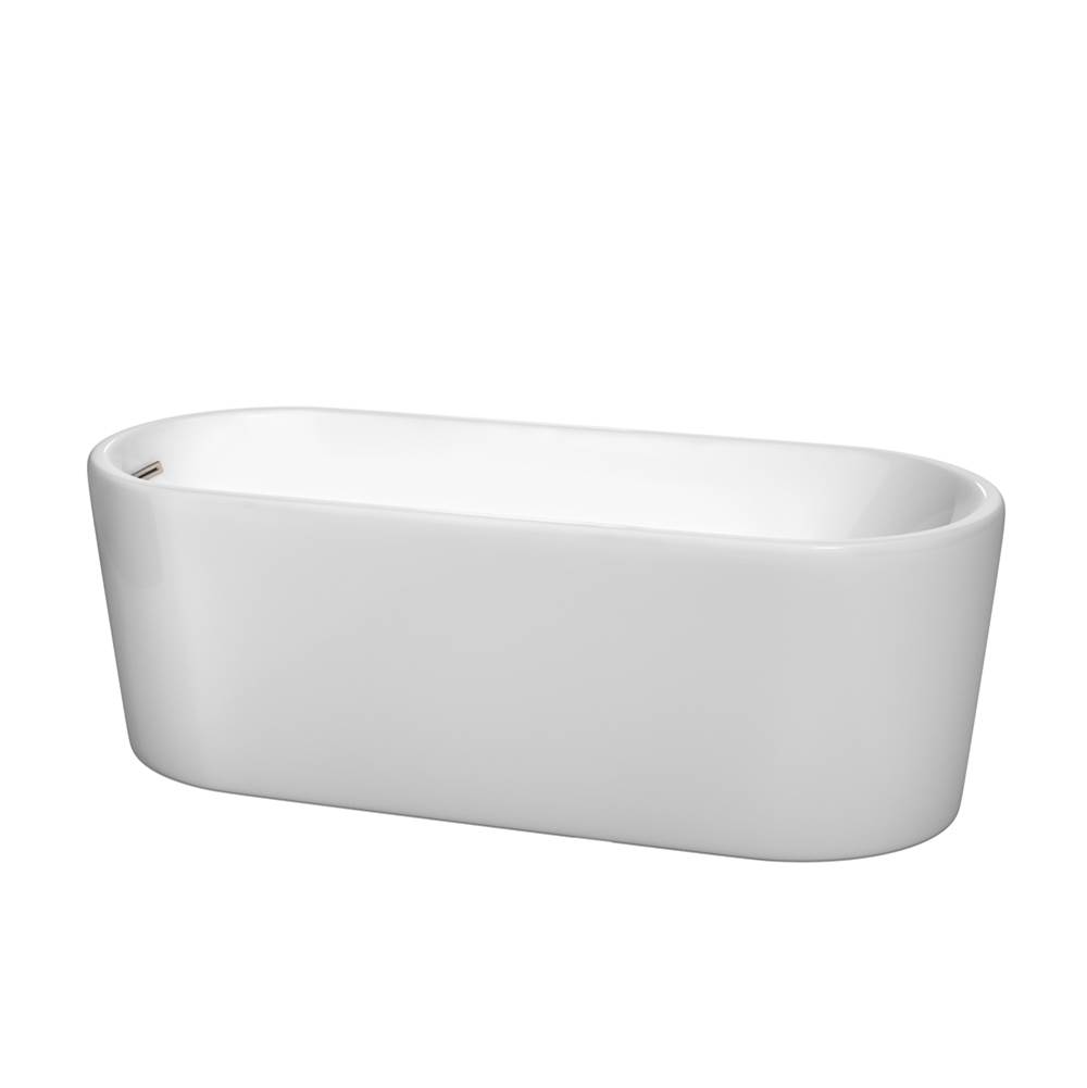 Wyndham Collection Ursula 67 Inch Freestanding Bathtub in White with Brushed Nickel Drain and Overflow Trim