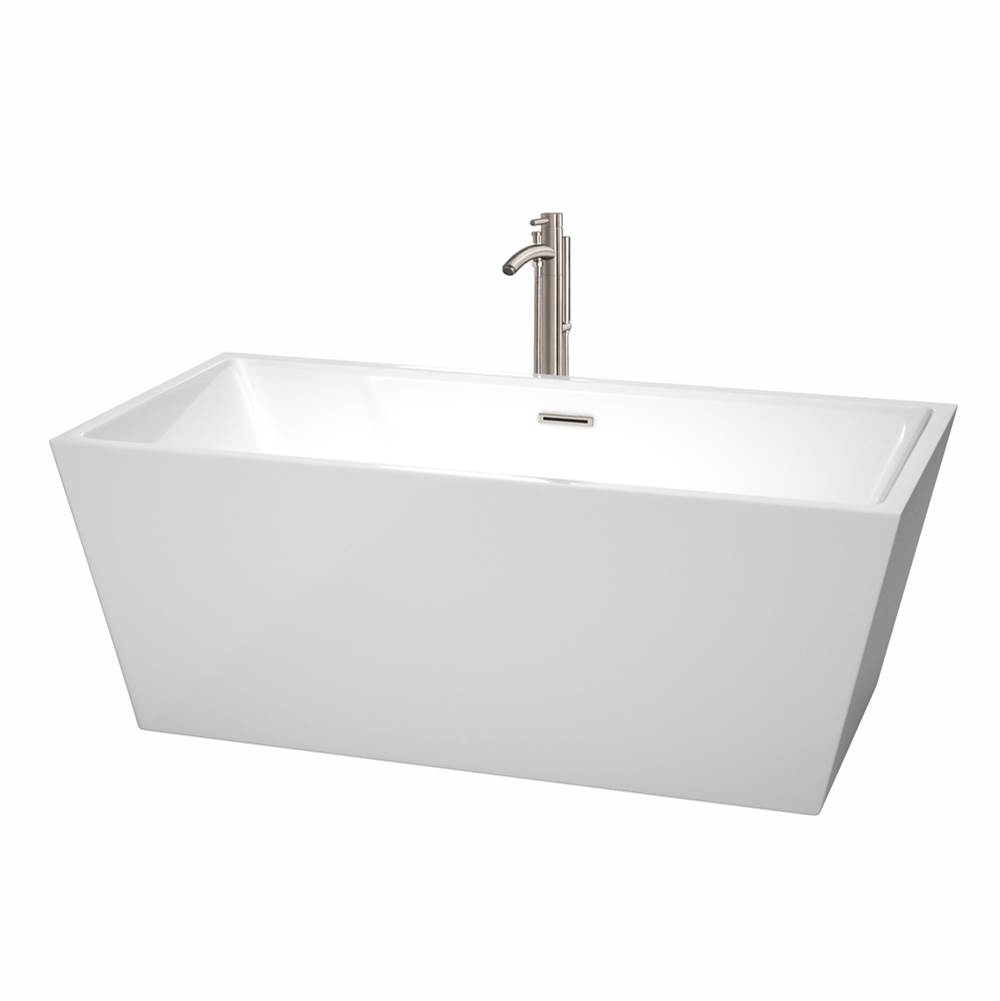 Wyndham Collection Sara 63 Inch Freestanding Bathtub in White with Floor Mounted Faucet, Drain and Overflow Trim in Brushed Nickel