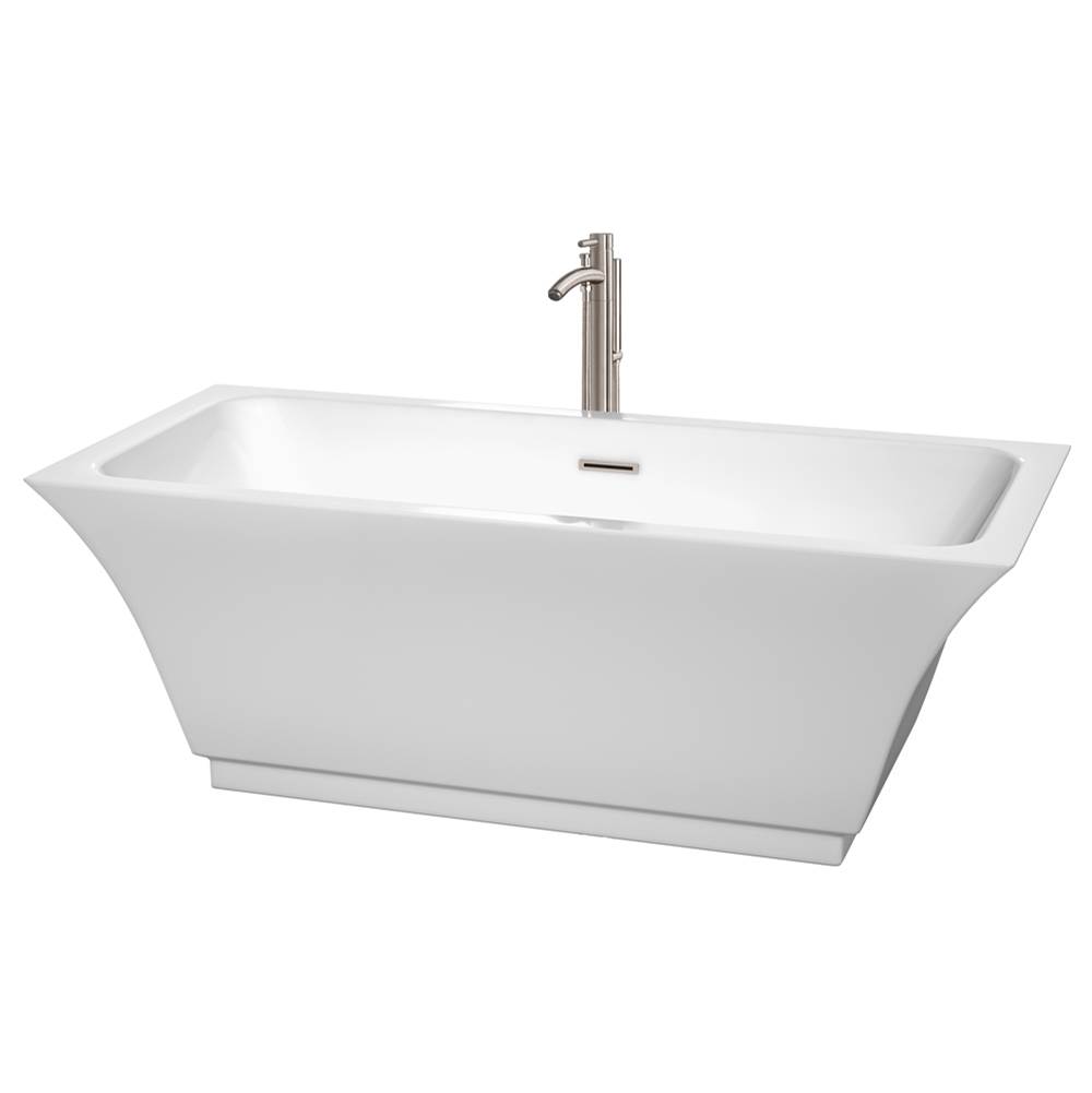 Wyndham Collection Galina 67 Inch Freestanding Bathtub in White with Floor Mounted Faucet, Drain and Overflow Trim in Brushed Nickel