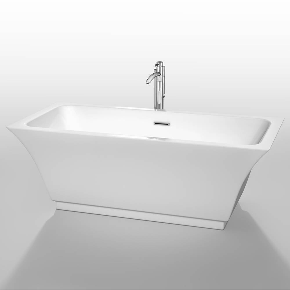 Wyndham Collection Galina 67 Inch Freestanding Bathtub in White with Floor Mounted Faucet, Drain and Overflow Trim in Polished Chrome