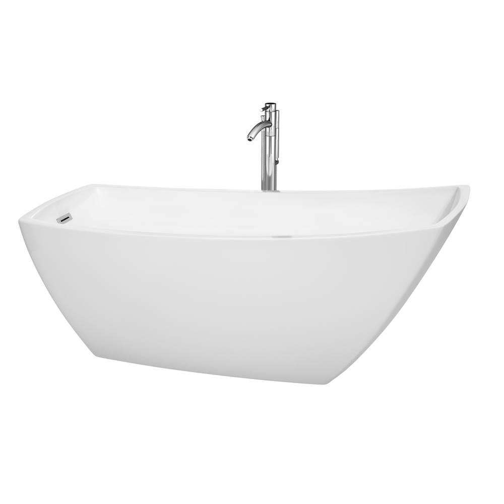 Wyndham Collection Antigua 67 Inch Freestanding Bathtub in White with Floor Mounted Faucet, Drain and Overflow Trim in Polished Chrome