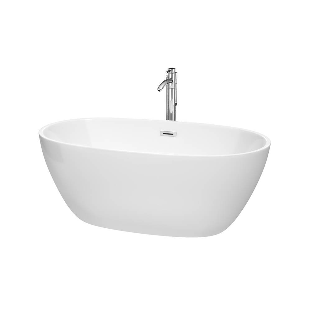 Wyndham Collection Juno 59 Inch Freestanding Bathtub in White with Floor Mounted Faucet, Drain and Overflow Trim in Polished Chrome