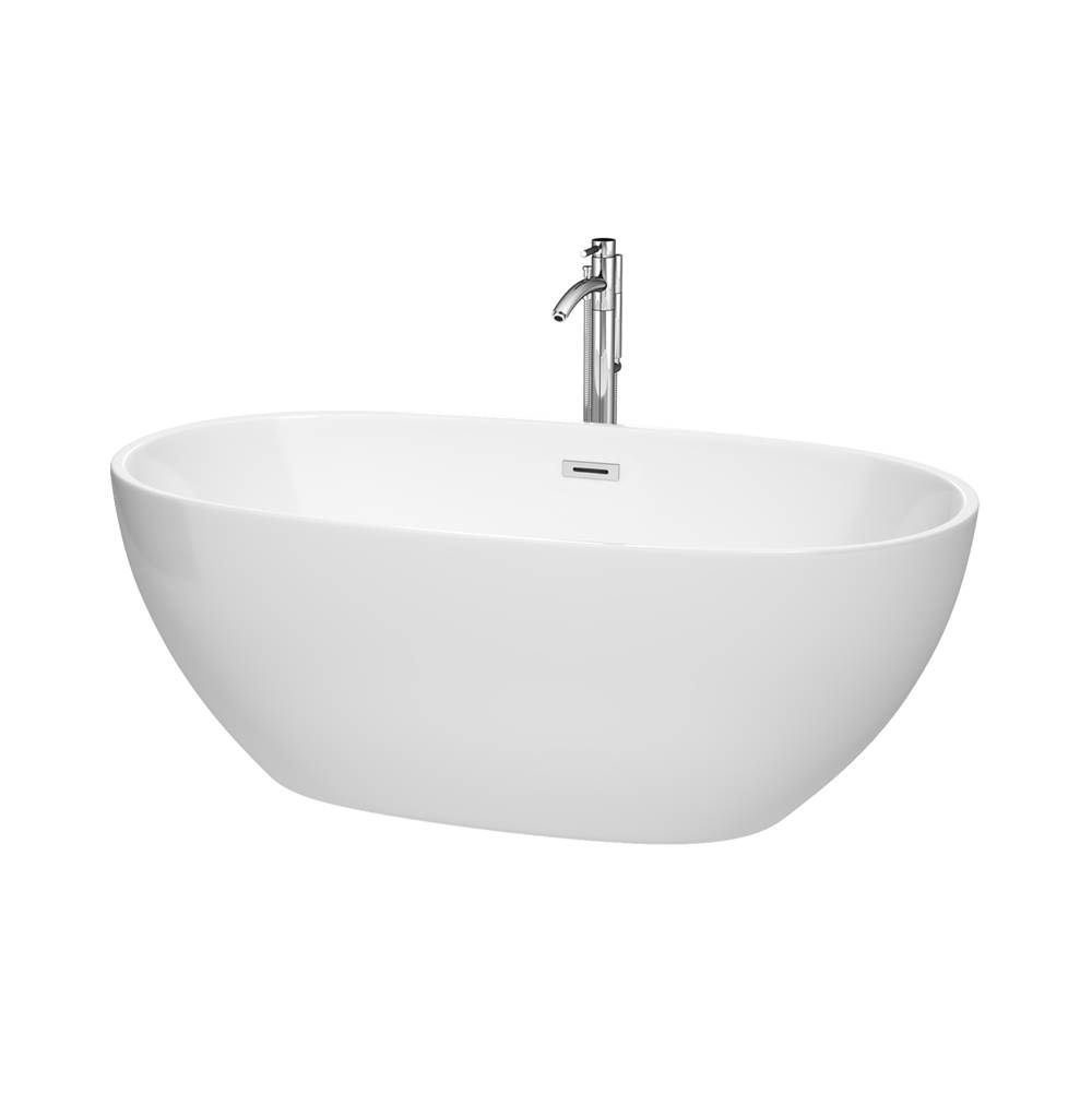 Wyndham Collection Juno 63 Inch Freestanding Bathtub in White with Floor Mounted Faucet, Drain and Overflow Trim in Polished Chrome