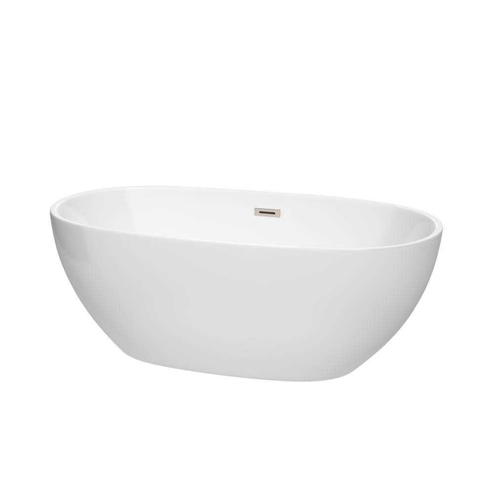 Wyndham Collection Juno 63 Inch Freestanding Bathtub in White with Brushed Nickel Drain and Overflow Trim