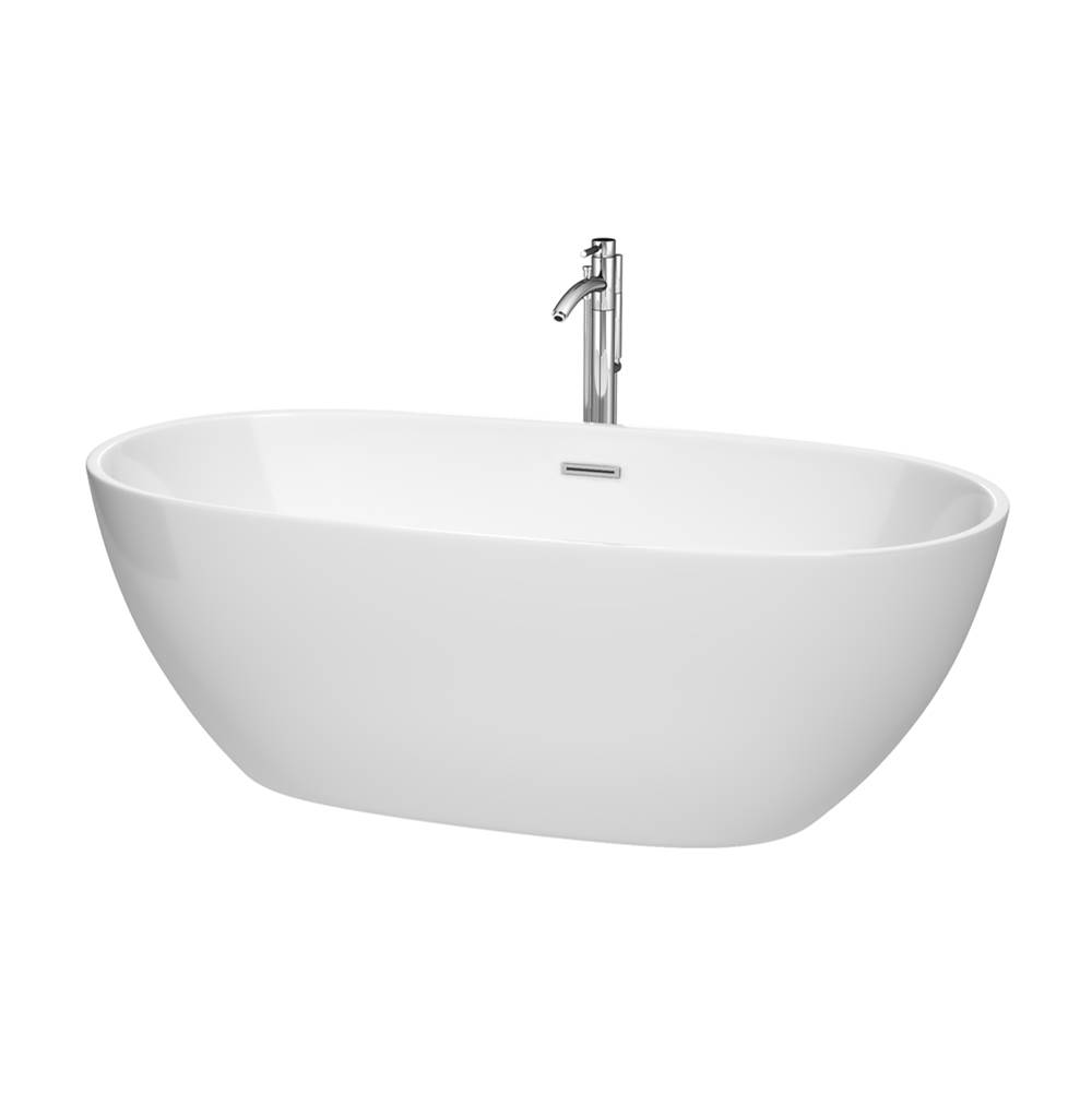Wyndham Collection Juno 67 Inch Freestanding Bathtub in White with Floor Mounted Faucet, Drain and Overflow Trim in Polished Chrome