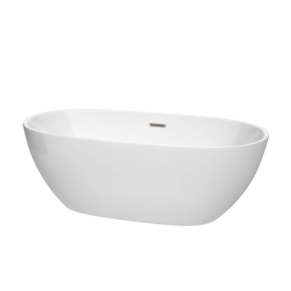 Wyndham Collection Juno 67 Inch Freestanding Bathtub in White with Brushed Nickel Drain and Overflow Trim
