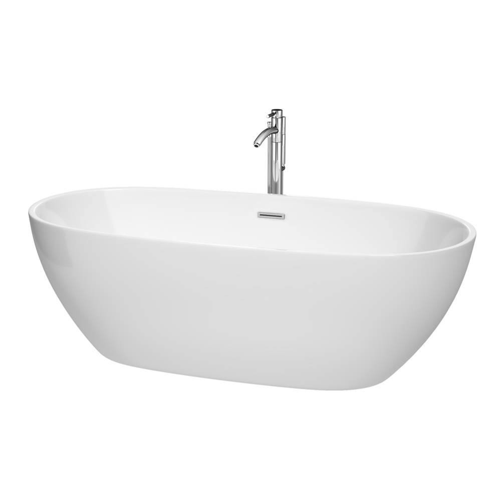 Wyndham Collection Juno 71 Inch Freestanding Bathtub in White with Floor Mounted Faucet, Drain and Overflow Trim in Polished Chrome