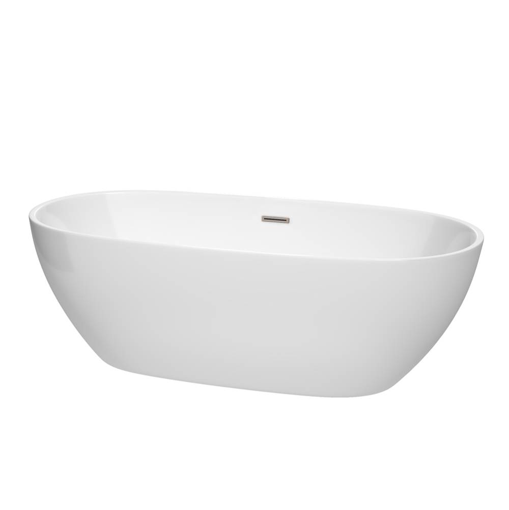 Wyndham Collection Juno 71 Inch Freestanding Bathtub in White with Brushed Nickel Drain and Overflow Trim