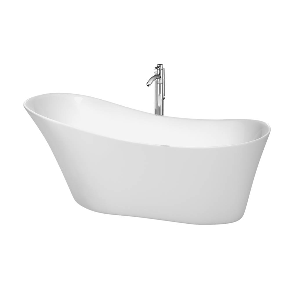 Wyndham Collection Janice 67 Inch Freestanding Bathtub in White with Floor Mounted Faucet, Drain and Overflow Trim in Polished Chrome
