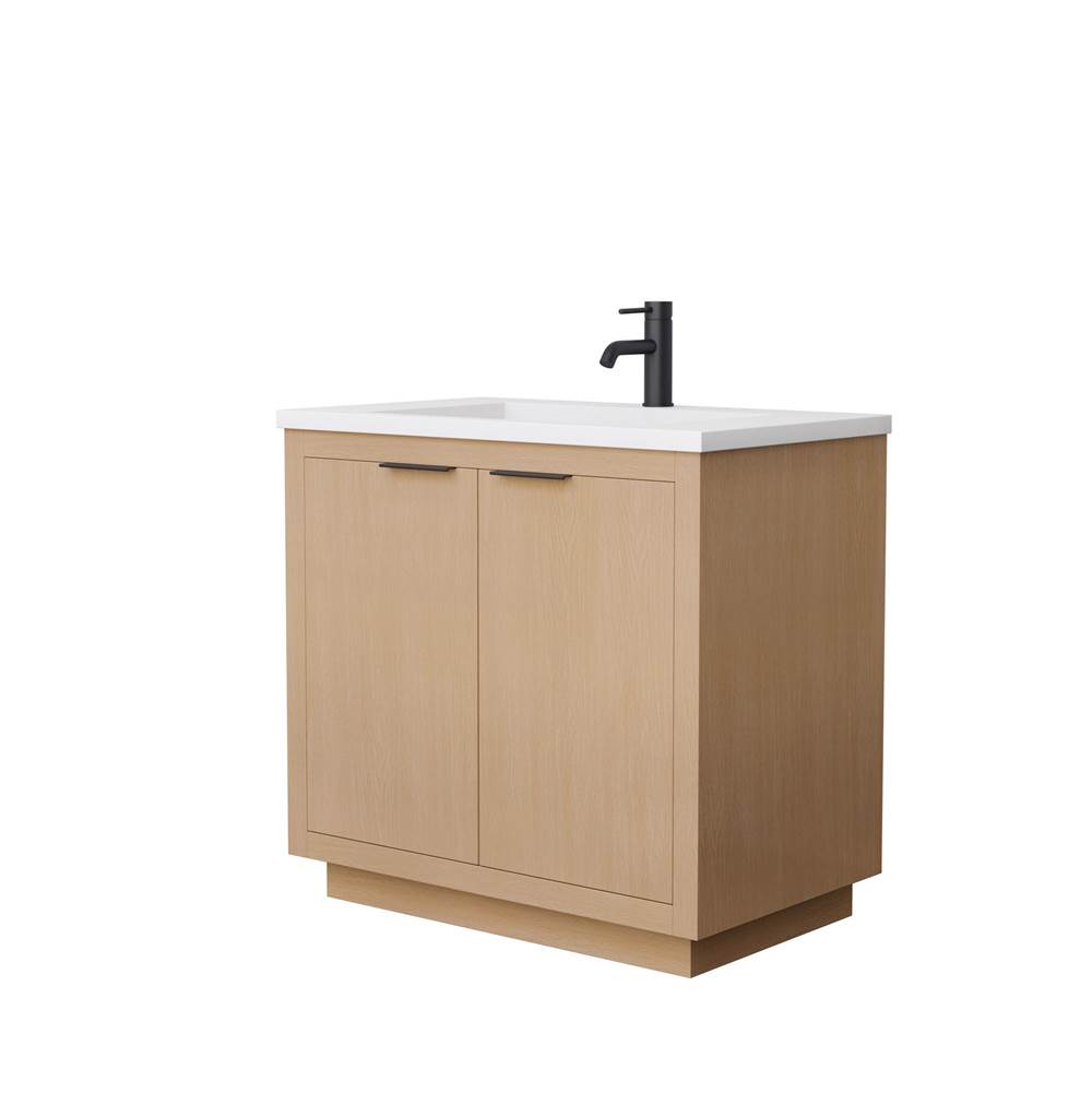 Wyndham Collection Maroni 36 Inch Single Bathroom Vanity in Light Straw, 1.25 Inch Thick Matte White Solid Surface Countertop, Integrated Sink, Matte Black Trim