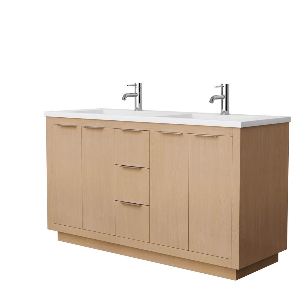 Wyndham Collection Maroni 60 Inch Double Bathroom Vanity in Light Straw, 1.25 Inch Thick Matte White Solid Surface Countertop, Integrated Sinks