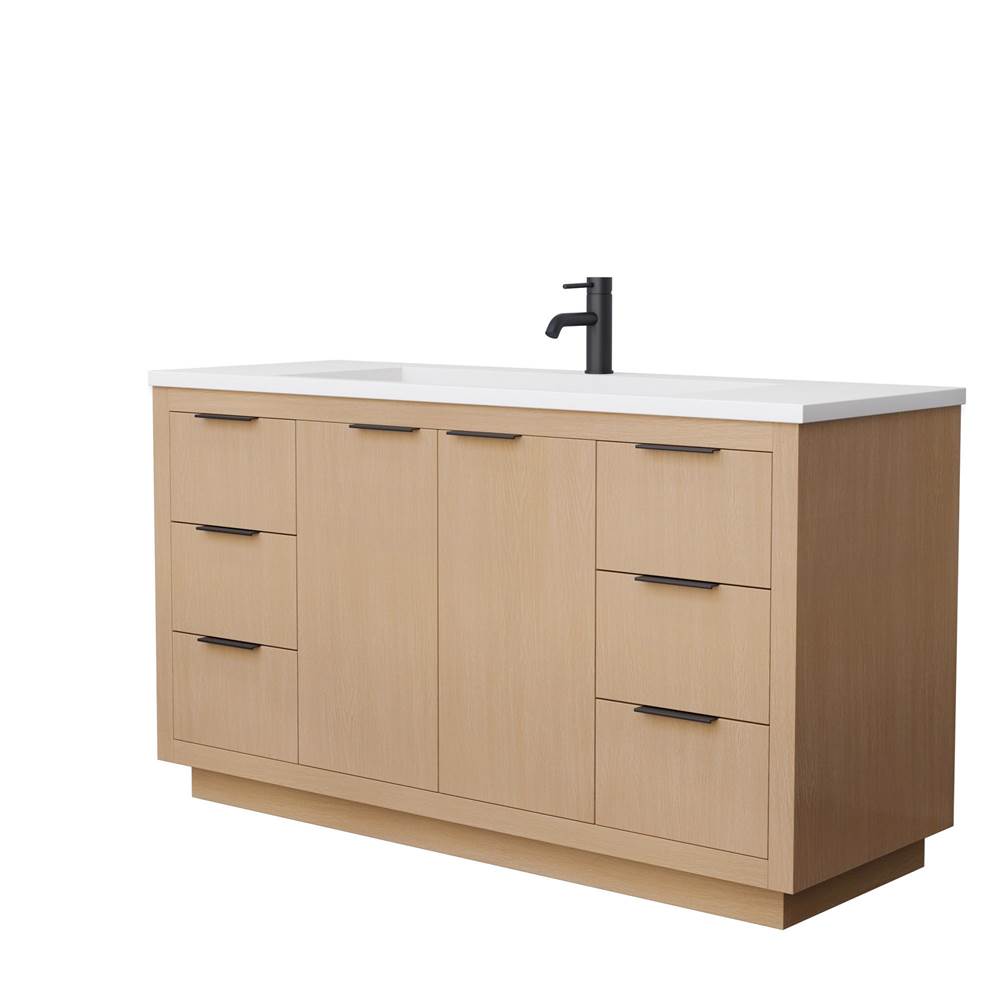 Wyndham Collection Maroni 60 Inch Single Bathroom Vanity in Light Straw, 1.25 Inch Thick Matte White Solid Surface Countertop, Integrated Sink, Matte Black Trim