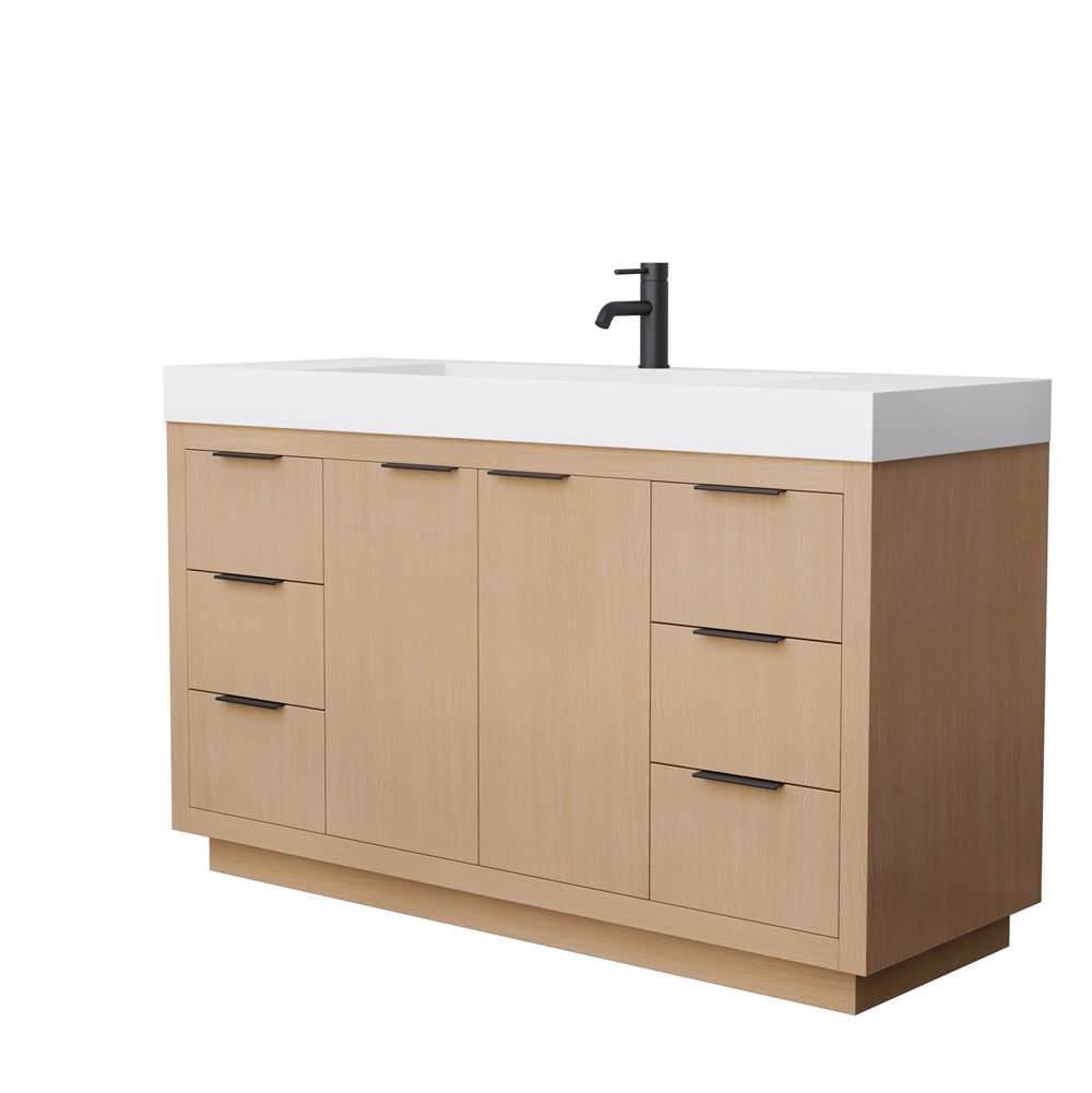 Wyndham Collection Maroni 60 Inch Single Bathroom Vanity in Light Straw, 4 Inch Thick Matte White Solid Surface Countertop, Integrated Sink, Matte Black Trim
