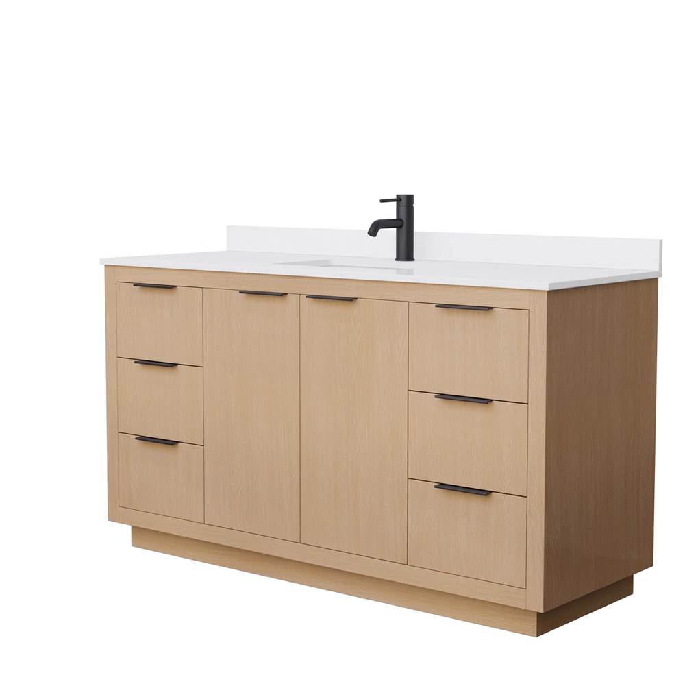 Wyndham Collection Maroni 60 Inch Single Bathroom Vanity in Light Straw, White Cultured Marble Countertop, Undermount Square Sink, Matte Black Trim