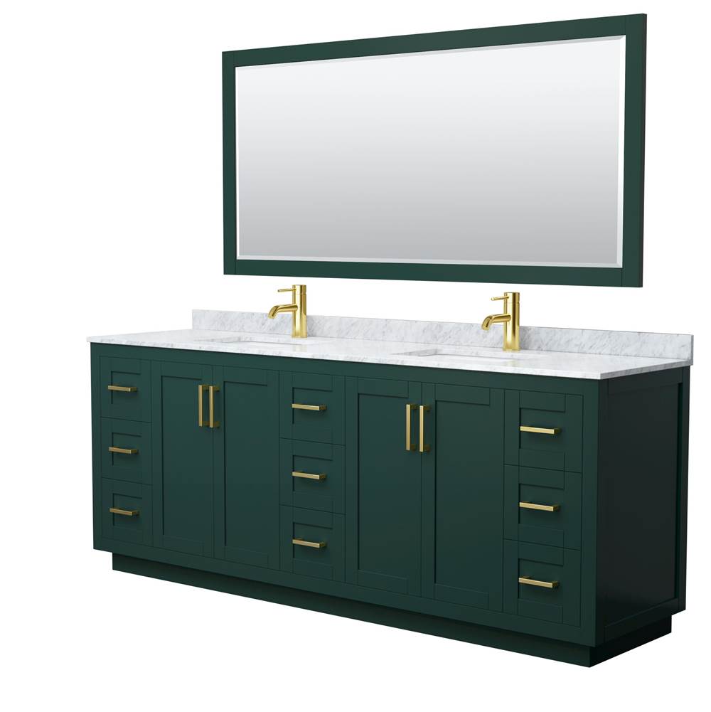 Wyndham Collection Miranda 84 Inch Double Bathroom Vanity in Green, White Carrara Marble Countertop, Undermount Square Sinks, Brushed Gold Trim, 70 Inch Mirror